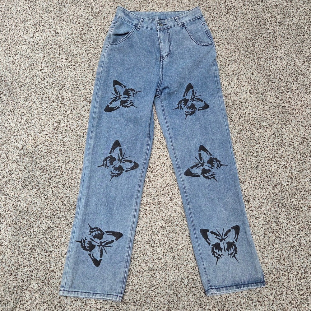 Butterfly Jeans Acid Wash Denim Pants Trendy‎ Graphic Print Small